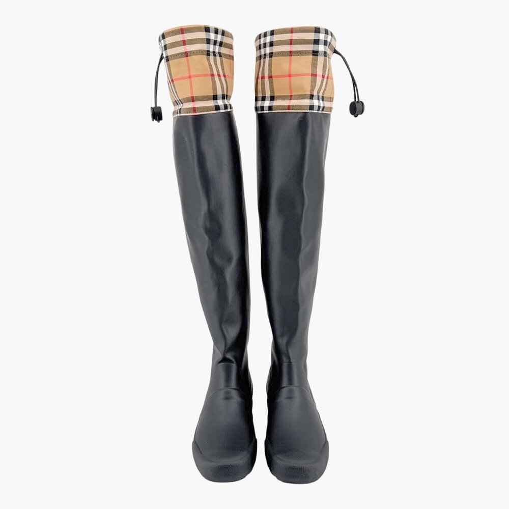 Burberry Freddie Over The Knee Rain Boots EU 37 US 7 Black Rubber Beige Check - Picture 3 of 16